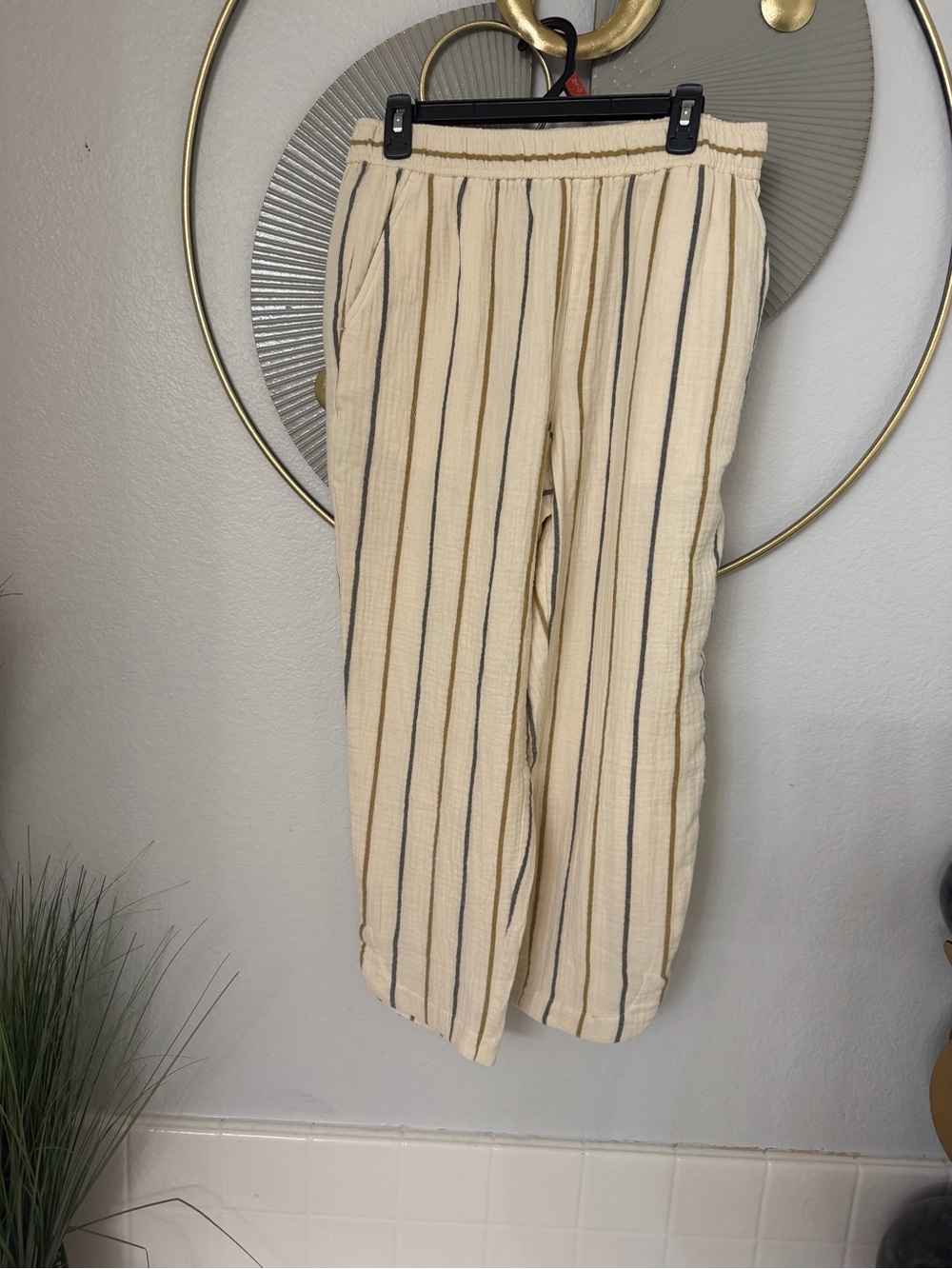 Madewell Cream Pants with Navy and Tan Stripes